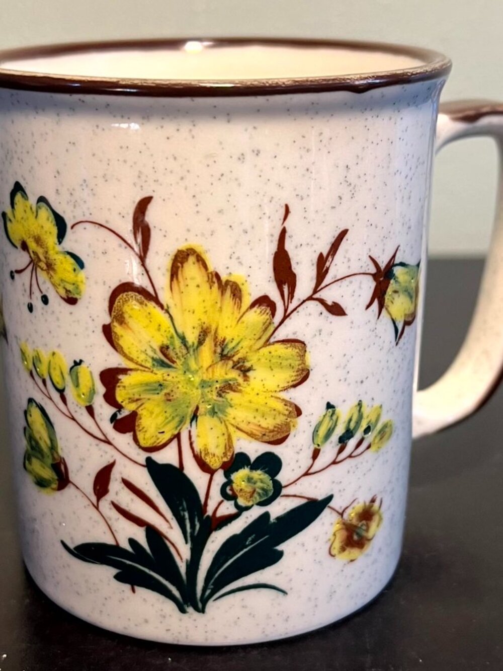 Vintage Otagiri 70s Speckled Stoneware Yellow Wildflower Mug Boho Cottagecore